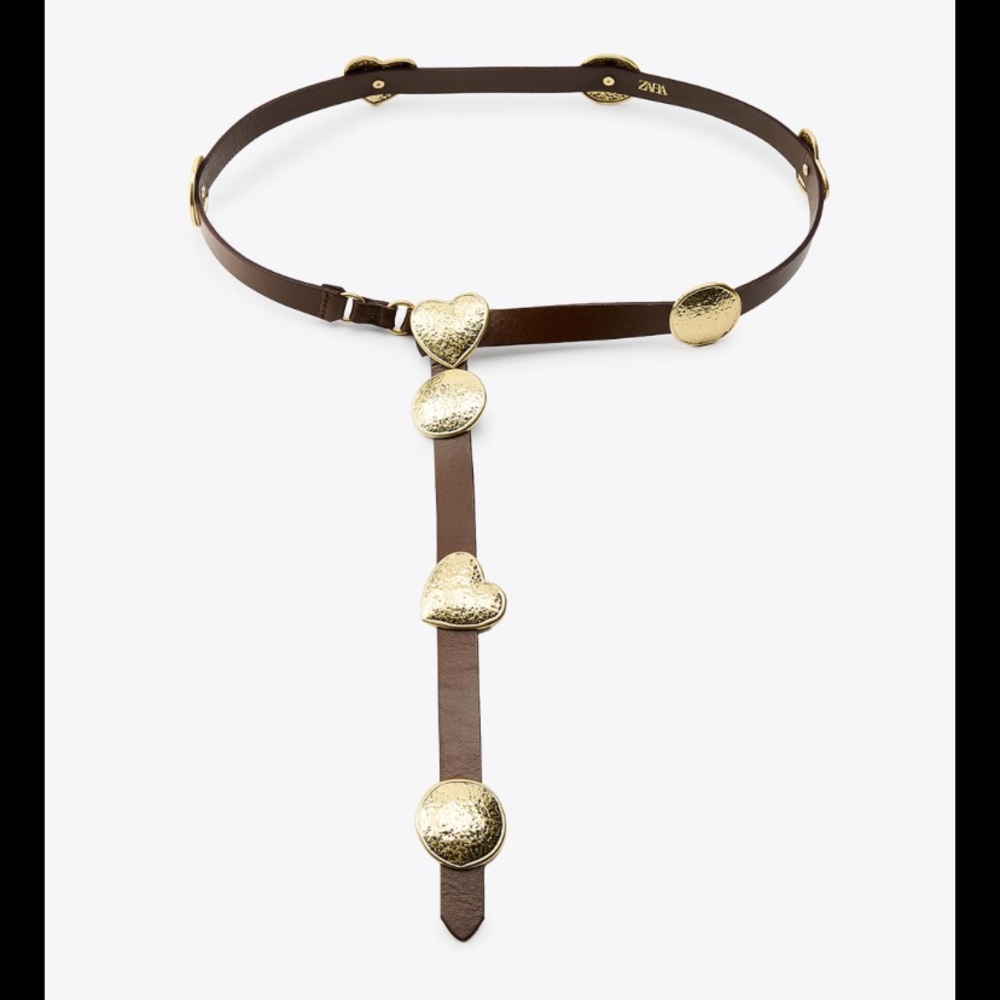 Zara Brown and Gold Women's Leather Belt with Heart Accents Western Concho